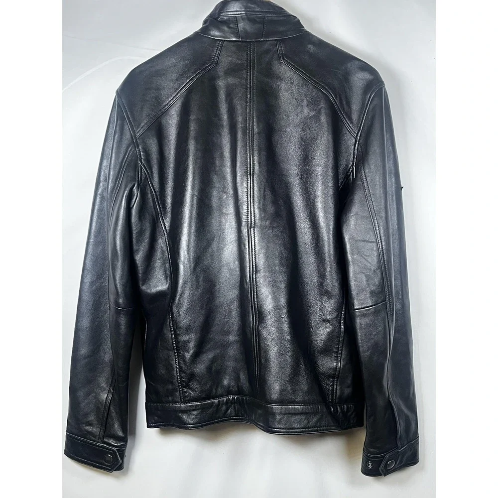 Michael Kors Leather Jacket Mens Medium Black Moto Full Zip Zipper Pockets